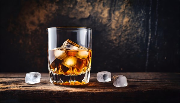 Whiskey with rocks or ice cubes in a glass with ice in a dark wooden background. AI Generated, AI generated