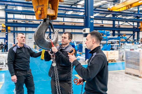 Team of engineers and manual workers using an industrial cane in a factory