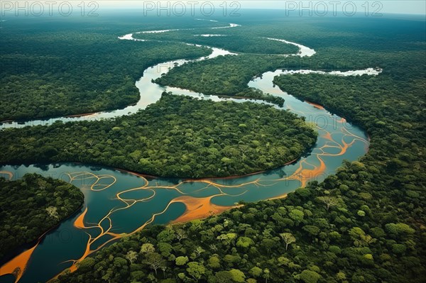 Aerial view of a meandering river in a tropical rainforest, Brazil, AI Generated, AI generated, South America