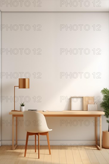 A bright and airy minimalist workspace featuring a wooden desk, elegant chair, and modern lamp against a clean, white wall. Illuminated by natural light. Remote work home office, AI generated