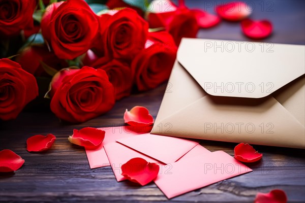 Vibrant red roses, a romantic valentine love letter in an elegant envelope, and scattered rose petals on a dark wooden table. Love and affection on Valentine Day, AI generated