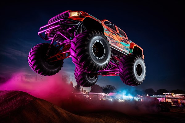 Monster truck with neon lighting, jumping off-road outdoors in cloud of dust, during a night event, surrounded by vibrant lights and smoke. Excitement and thrill of an extreme sport, AI generated