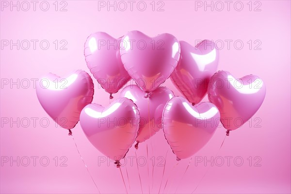 Bunch of glossy pink heart-shaped balloons against a soft pink background, perfect for Valentine's Day, anniversaries, or any romantic occasion, AI generated