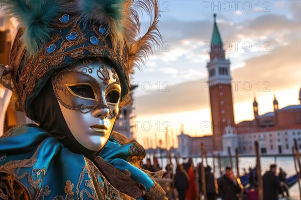 A person adorned in a richly detailed and colorful carnival costume, complete with an elaborate mask, participates in the iconic Venice Carnival, AI generated