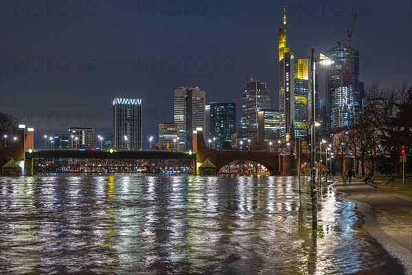 After persistent rainfall, the Main overflowed its banks in the eastern harbour area of Frankfurt and caused flooding in the Weseler Werft area. (long exposure), Main riverbank, Frankfurt am Main, Hesse, Germany, Europe