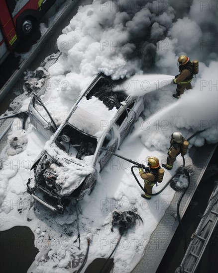 A firefighter in full gear uses a hose with chemical white foam to extinguish flames engulfing hybrid electric petrol vehicle car amidst a urban landscape, with emergency response evident, ai generated, AI generated