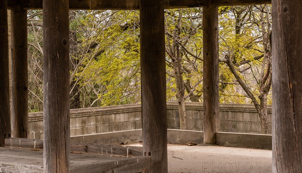 Inside view of old oriental style covered pavilion surrounded by a concrete wall in an overgrown woodland area in South Korea