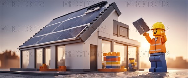Discover the perfect combination of playfulness and sustainability with this miniature house featuring a solar panel on its roof. ai generated, AI generated