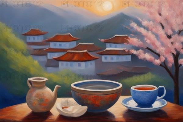 Painting capturing two cups of tea on a table on a terrace face beautiful landscape, japanese traditional ceremony ai generated, AI generated