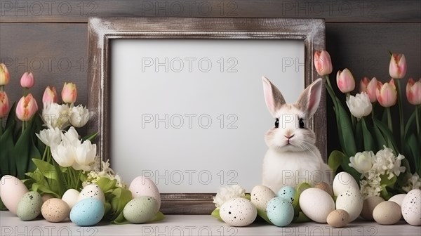 Easter bunny and Easter eggs on wooden background with spring flowers. Bunny near empty white frame AI generated