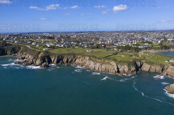 Aerial view of the cliffs at Plougonvelin on the Atlantic coast at the mouth of the Bay of Brest, Finistere Penn ar Bed department, Brittany Breizh region, France, Europe