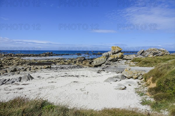 Sandy beach beach with granite rocks, Meneham, Menez Ham, Kerlouan, Finistere Penn ar Bed department, Brittany Breizh region, Atlantic coast, France, Europe