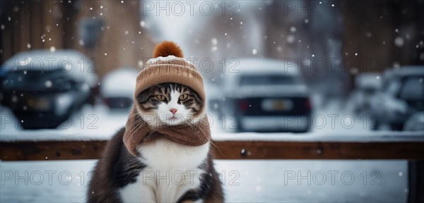 Cat in winter warm clothes in the winter on Snowy Street in the cold. The concept of warm clothes for the pet, AI generated