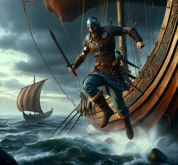 Dragon boat, Viking ship of the Vikings on a raid, a warrior jumps ashore, AI generated, AI generated