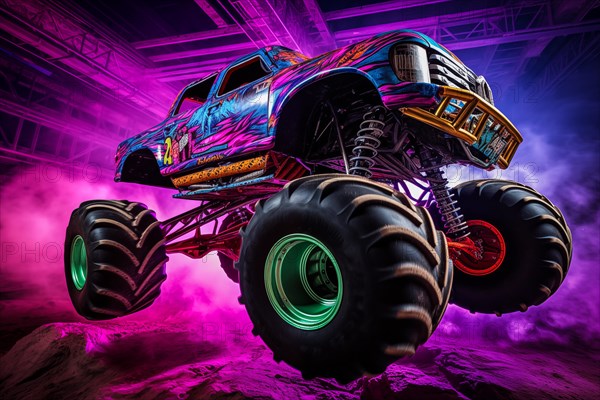 Monster truck with neon lighting, jumping off-road in cloud of dust. Excitement and thrill of an extreme sport, AI generated