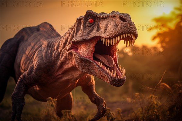 Tyrannosaur rex roaring in a prehistoric forest with lush vegetation, ferns and sunlight, AI generated