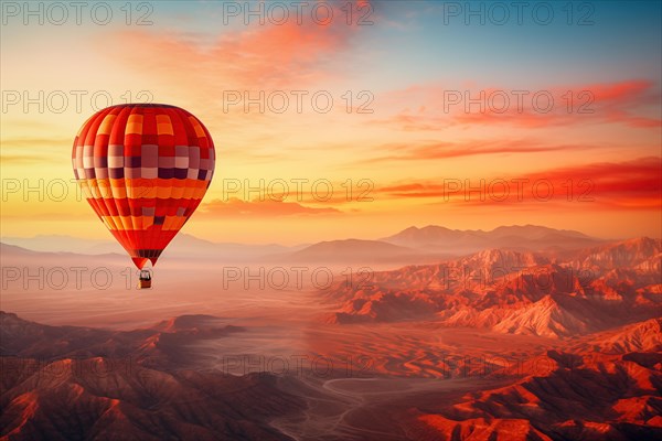 A colorful hot air balloon floats in sky over a desert mountain landscape at sunset with orange and blue skies in the background. Travel journey adventure beauty of nature concept, AI generated