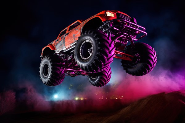 Monster truck with neon lighting, jumping off-road outdoors in cloud of dust, during a night event, surrounded by vibrant lights and smoke. Excitement and thrill of an extreme sport, AI generated
