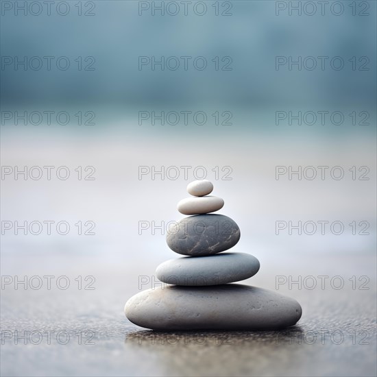 Zen stones stack on sand waves in a minimalist setting for balance and harmony. Balance, harmony, and peace of mind, wellness, meditation, and spirituality concept, AI generated