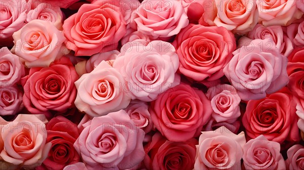 Valentine day background of close-up view of a beautiful mix of pink and white roses, symbolizing love and affection, perfect for Valentine Day celebrations, AI generated