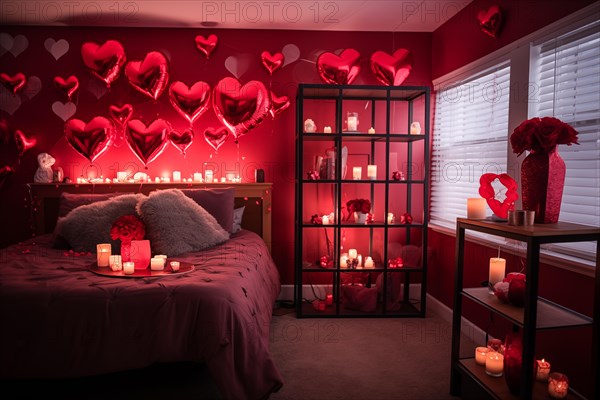 A cozy bedroom adorned with red and white heart-shaped balloons, rose petals, and candles creating a romantic atmosphere for Valentine's Day, AI generated