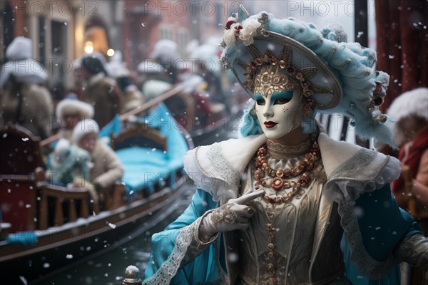 A person adorned in a richly detailed and colorful carnival costume, complete with an elaborate mask, participates in the iconic Venice Carnival with snowfall, AI generated