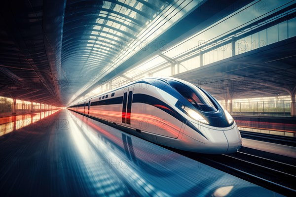 Modern high speed train in a futuristic train station. Modern transportation technology, speed, travel concepts. Railroad with motion blur effect, AI generated