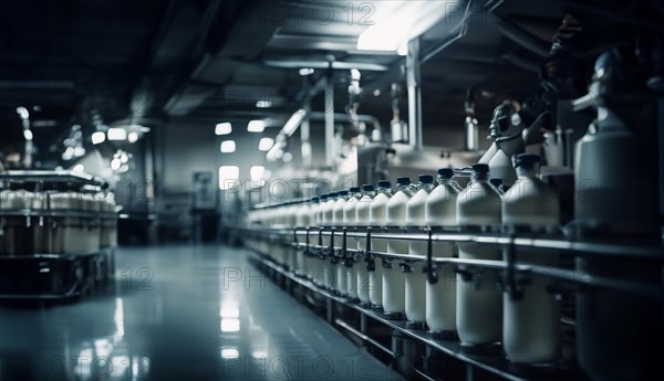 Plant for the production of milk and dairy products, conveyor belt with bottles of milk, AI generated