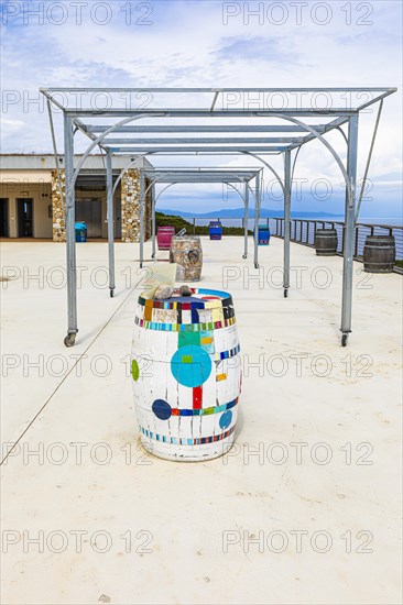 Wine barrels on the terrace of the Tenuta delle Ripalte winery, Elba, Tuscan Archipelago, Tuscany, Italy, Europe