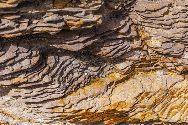Coloured, ferruginous mineral sandstone on Topinetti beach, near Rio Marina, Elba, Tuscan Archipelago, Tuscany, Italy, Europe