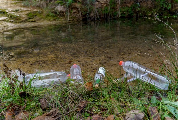 Bank of a mountain river full of plastic bottles, concept of ecology and conservation of the environment