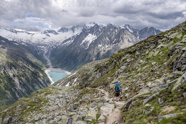 Mountaineer on hiking trail, view of Schlegeisspeicher, glaciated rocky mountain peaks Hoher Weisszint and Hochfeiler with glacier Schlegeiskees, Berliner Hoehenweg, Zillertal Alps, Tyrol, Austria, Europe