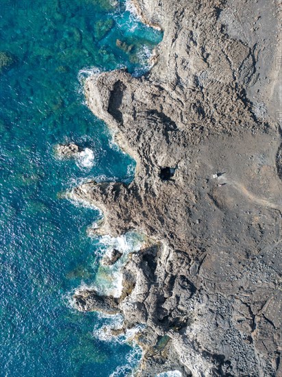 Aerial view of the rocky coast at the Salinas de Fuencaliente, La Palma, Canary Islands, Spain, Europe