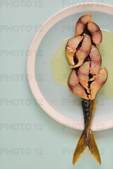 Sliced smoked mackerel on a plate closeup view