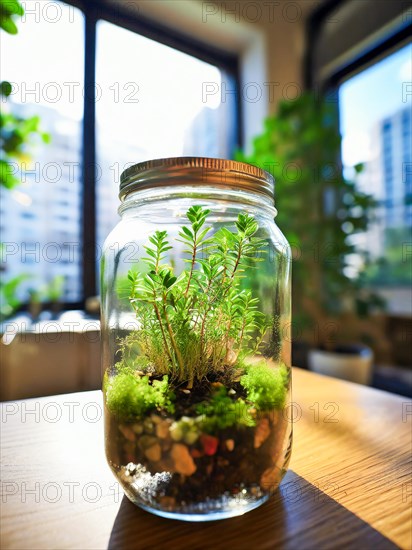 Bottle garden, mini biotope, eco system in a glass jar in a city flat, AI generated, room, windowsill, plants, screw-top jar, gardening, herbs, green, sunlight