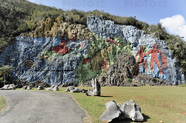 Mural de la Prehistoria, prehistoric wall, painted in 1961 by Mexican artist Leovigildo Gonzalez Morillo, size 120x180 metres, Vinales, Unesco World Heritage Site, Pinar del Rio Province, Cuba, Greater Antilles, Caribbean, Central America