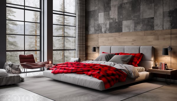 Cozy modern bedroom with large windows overlooking mountains and a striking red blanket on the bed, AI generated