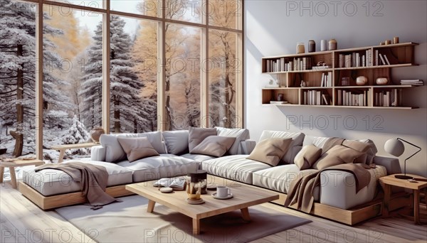 Cozy Scandinavian home interior modern living room with large windows overlooking an autumn forest, AI generated