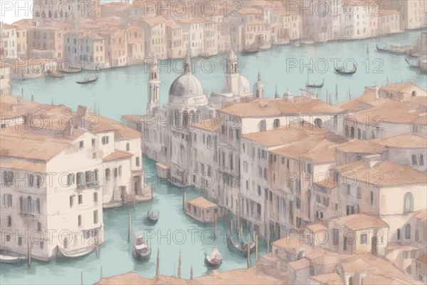 A vibrant painting capturing a bustling venetian italian cityscape, showcasing numerous buildings in an urban landscape divided by canals, ai generated, AI generated