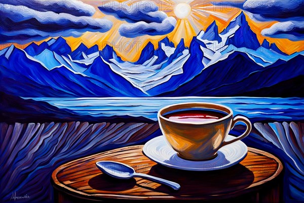 Painting capturing a cup of tea on a table on a terrace face beautiful landscape of Andres mountains, ai generated, AI generated