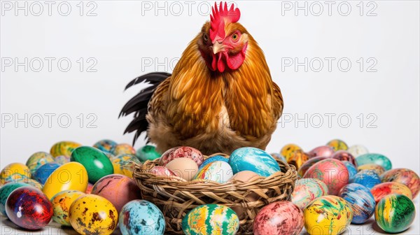 A rooster stands atop a wicker basket surrounded by a collection of colorful painted Easter eggs AI generated