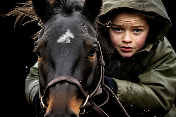 Closeup picture of little girl ridding the horse. little girl in a raincoat with a horse on a black background AI generated