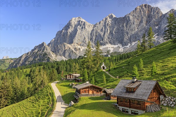 Mountain hut and alp in front of steep mountains in summer, Brandalm, Hoher Dachstein, Austria, Europe