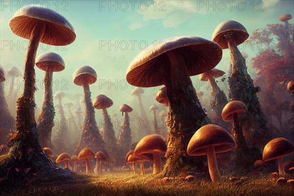 A mysterious forest with large, fairytale-like mushrooms at sunset, Mushroom Village, AI-Generated & Photoshop, HobbyZone-Alpha, Haan, North Rhine-Westphalia, Germany, KI generated, AI generated, Europe