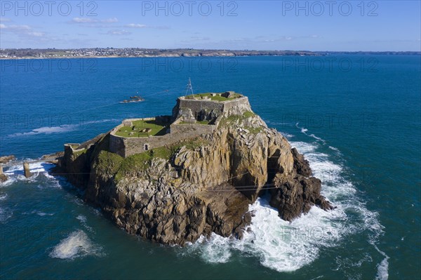 Aerial view of Fort de Bertheaume on a rock off the coast in Plougonvelin on the Atlantic coast at the mouth of the Bay of Brest, Finistere Penn ar Bed department, Brittany Breizh region, France, Europe