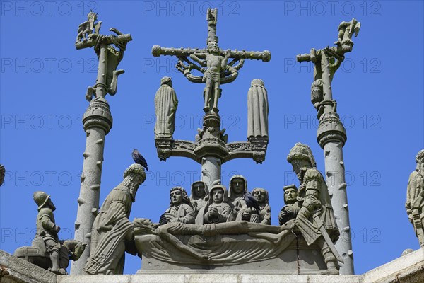 Crucifixion group and Entombment, Calvary Calvaire, Enclos Paroissial de Pleyben enclosed parish from the 15th to 17th century, Finistere department, Brittany region, France, Europe