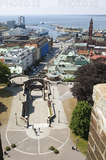 City view Helsingborg, below the entrance to Kaernan, behind the Oeresund, Skane laen, Sweden, Europe