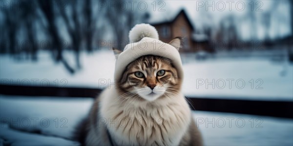Cat in winter warm clothes in the winter on Snowy Street in the cold. The concept of warm clothes for the pet, AI generated