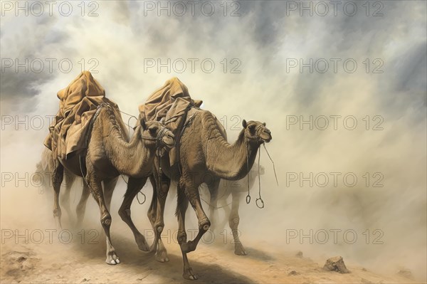 Camel caravan in a sandstorm in the desert, AI Generated, AI generated