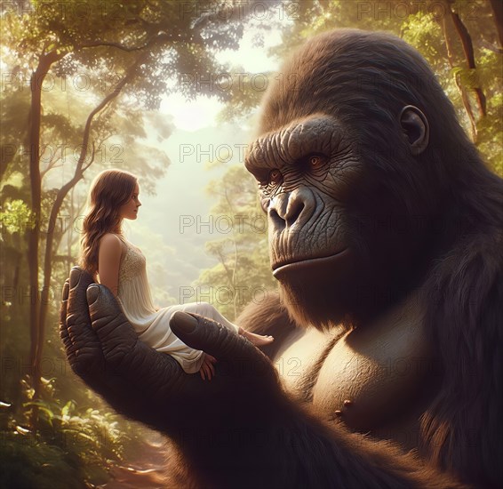 The fictional giant ape King Kong holds a young woman in his hand and looks at her with interest, AI generated, AI generated